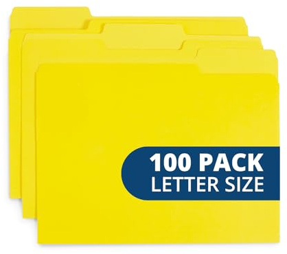 File Folder, 1/3 Cut Tab, Letter Size, Yellow, Great for Organizing and Easy File Storage, 100 Per Box