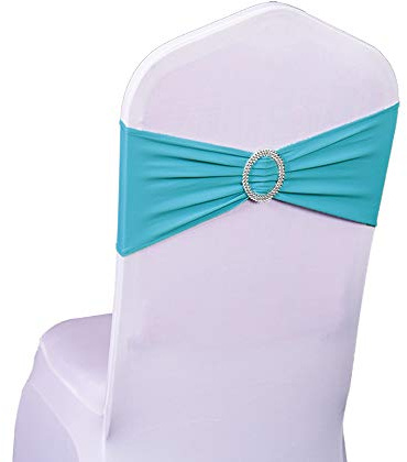 SINSSOWL Bandeau de Chaise Élastique à Enfiler avec Boucle pour Mariage Nœud de Chaise en Lycra Polyester et Élasthanne Turquoise 50PC