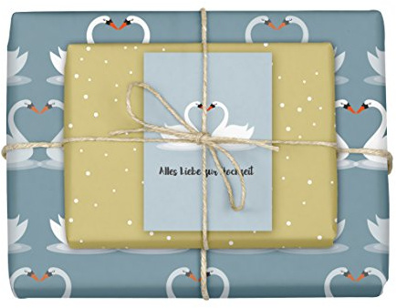 dabelino® 5x Geschenkpapier Hochzeit: Schwäne/Herz (zweiseitig weiß-blau/beige, öko) | Set inkl. Karte: Alles Liebe zur Hochzeit