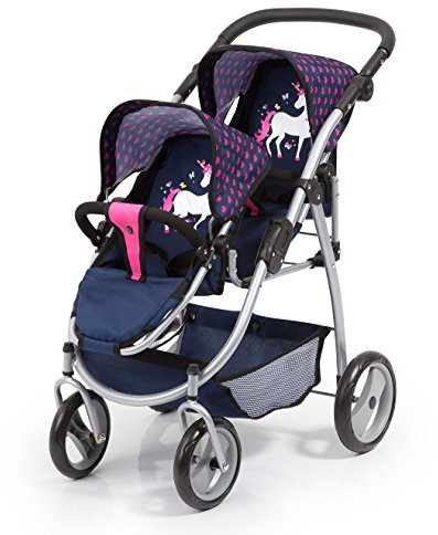 Bayer Design 26554AA Zwillingspuppenwagen für Puppen, modern, höhenverstellbarer Griff, zusammenklappbar, mit Einhorn Motiv, blau pink, 46 cm