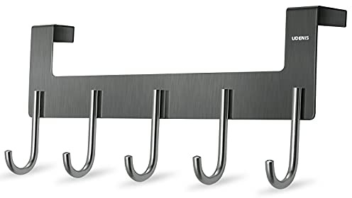 UDENIS Türaufhänger, Metall, Türgarderobe mit 5 Haken, Handtuchhalter zum Aufhängen von Handtuch, Bademantel, Mantel, Badezimmer, Schlafzimmer, Grau