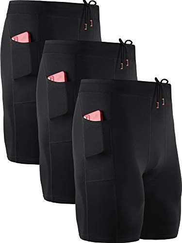 NELEUS Men's 3 Pack Running Compression Shorts with Pockets Dry Fit Professional Athletic Shorts,6072,Black,Black,Black,US M,EU L