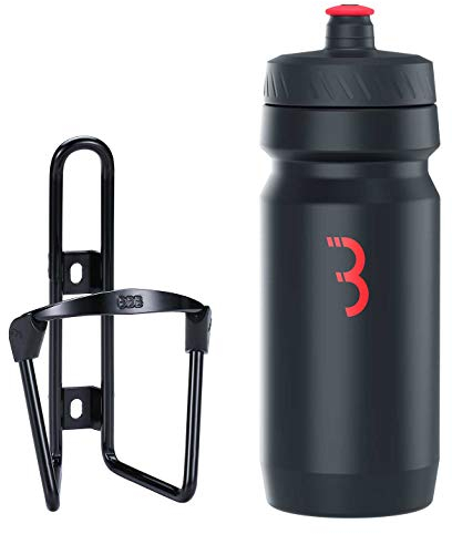BBB Cycling Wasserflasche und Halter Kombination Universal Fahrrad Flaschenhalter für Rennrad und MTB Leicht Aluminium FuelTank und CompTank BBC-03C Schwarz/Schwarz-Rot, 550 ml