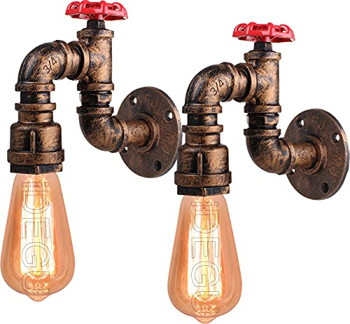 iDEGU Lot de 2 Applique Murale Industrielle, Vintage Lampe Murale Style de Tuyau Rétro Art Déco Lampe de Mur pour Bar Cuisine Restaurant Café Couloir (Rouillé, Robinet H)