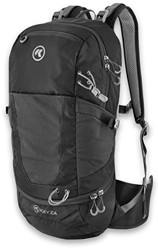 KAYZA PULSE20 - Premium 20L Wanderrucksack Damen,Herren - mit Helmhalter und Regenschutzhülle.Kleiner Trekkingrucksack mit Hüftgurt. Aus robustem Ripstop Nylon. Als Outdoor Rucksack, Daypack (Schwarz)