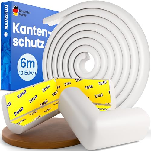 Adlersfeld® Kantenschutz Baby | 6 Meter + 10x Eckenschutz Baby | Selbstklebender Tischkantenschutz für Babys & Kinder | Starker Halt | Eckenschutz Kantenschutz Selbstklebend (Weiß)