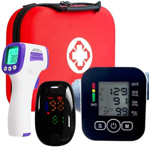 Kit Santé Complet 3-en-1 | Tensiomètre Électronique + Oxymètre Saturomètre + Thermomètre Frontal | Précision Médicale | Idéal Seniors & Famille + Trousse Transport