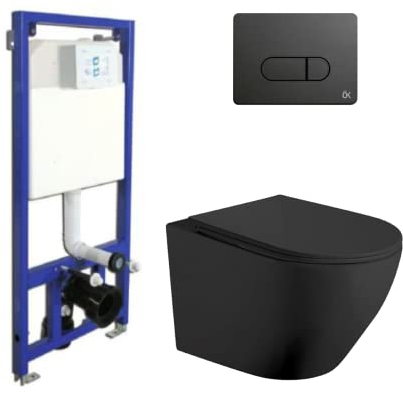 Pack Inodoro Suspendido Negro Mate y Cisterna Empotrada con Pulsador Negro Mate | Inodoro Suspendido Negro Mate Rimless Sin Borde de Fondo Reducido y Asiento Extrafino con Caída Amortiguada