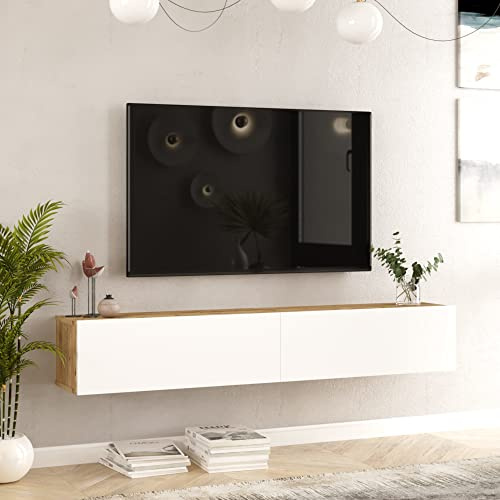 [en.casa] Mobile TV da Parete Armadio a Muro con Ante a Ribalta Consolle Pensile Stand Multimediale Larghezza 180 cm - Rovere Rustico/Bianco