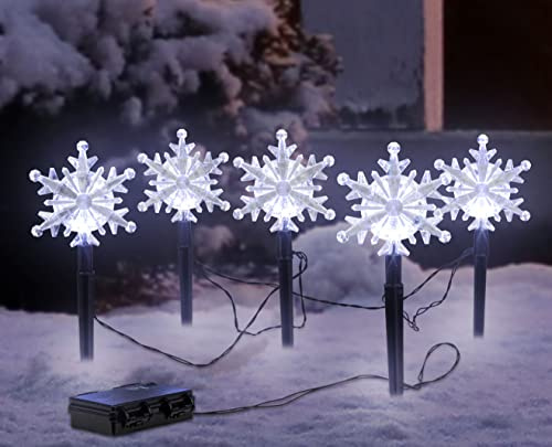LED Gartenstecker Schneeflocken 5er Set Kaltweiß Timer Außen | Garten Deko Beleuchtung, Weihnachten Advent Winter, Schnee Stern Leuchtstäbe, für Außen, Batterie betrieben