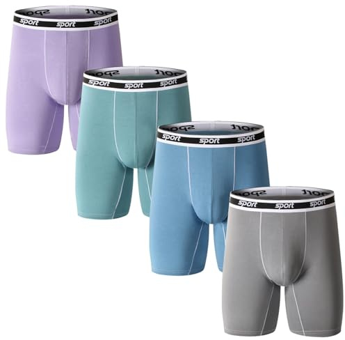Nuofengkudu Modal Sin Costuras Tallas Grandes Largos Calzoncillos Hombre Boxer Ajustados Antirozaduras Suave Comodos Elastico Ligero Ropa Interior Deporte Underwear 4 Pack Gris Verde Azul Morado 3XL