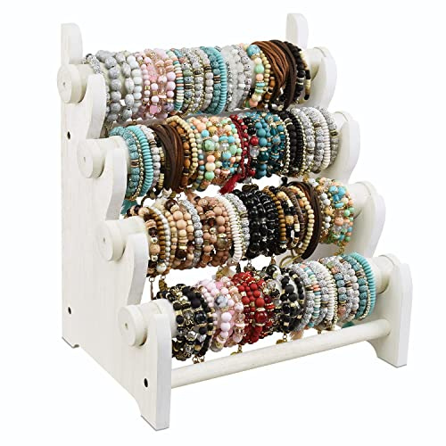 Ikee Design Wooden 4 Tier Jewelry Display Bracelet Bangle Scrunchie Holder Stand for Store and Home Organization, Wash White Color