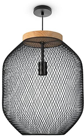 Paco Home Pendelleuchte Esszimmerlampe Korblampen Metall Hängelampe Wohnzimmer Küche Holz Industrie Vintage E27 Flur, Lampenart:Pendelleuchte - Typ 3, Farbe:Schwarz-Holz_(Ø40_cm)
