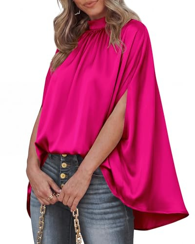 BTFBM Womens Summer Tops 2026 Mock Neck Batwing Sleeve Silk Satin Shirts Loose Oversized Dressy Casual Spring Blouses(Rose Red, X-Large)