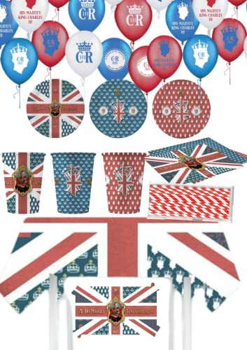 JOLAFUNBS Vintage Union Jack King Charles Coronation Decorations Party Sets Table Decoration Include Vintage Party Plates, Party Cups, Table Cloth, Plastic Straws, Union Jack Napkins & Party Balloons