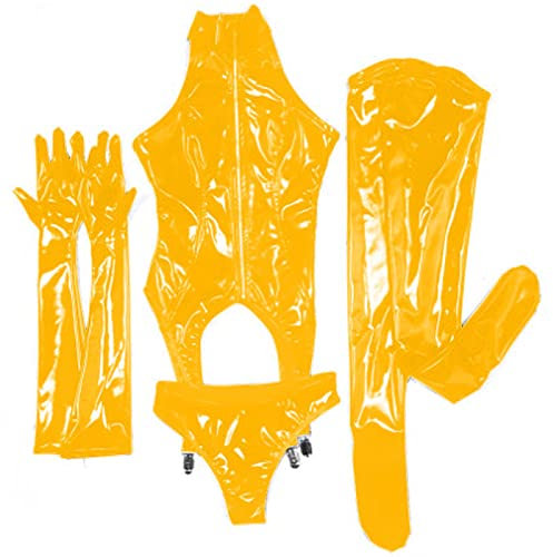 Whole Latex Outfits Rubber Body Suits Gloves Stocking Briefs Thicken Corset & Briefs & Long Finger Gloves Stocking,Yellow,L
