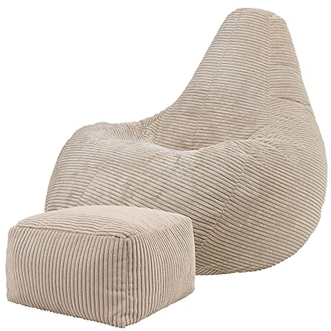Icon Dalton Sitzsack mit Hocker Cord, Beige, Gaming Sitzsack Erwachsene mit Füllung, Bean Bag, Cord Sessel, Lounge Sessel, Lounge Stuhl, Schlafzimmer, Wohnzimmer, Wohnzimmer Möbel
