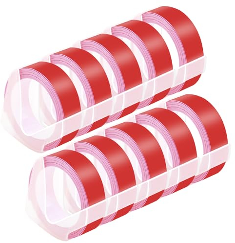 NineLeaf 10 Packung Ersatz für Dymo S0898152 521202 3D Kunststoff Prägebändern 12mm x 3m Weiß auf Rot Bänder Schriftband für Office Mate II 1540 154000 Organizer Xpress Pro 1575 Beschriftungsgerät