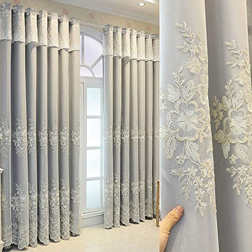 Amidoudou Coppia di Tende Europee a Doppio Strato Di Lusso Fiore Ricamato Tende Per Soggiorno Camera Da Letto (Grigio, 140 x 230 cm)