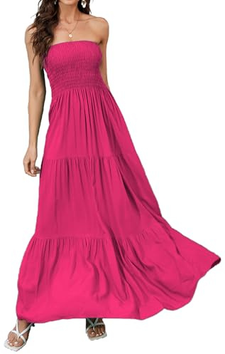 Daenery Vestido largo sin tirantes para mujer, floral, hombros descubiertos, parte superior de tubo, casual, playa, fiesta, vestido largo, Rosa magenta, M