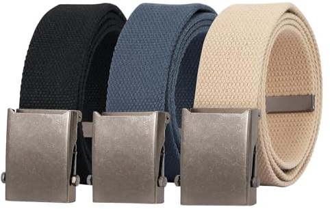 JasGood Cinturón de lona para hombre, cinturón militar ajustable de tela, con hebilla de metal, 3,8 cm de ancho, F-negro+beige+azul, 135cm(Für Taillengröße 106-120cm)