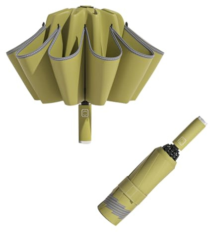 LCY Sombrilla plegable compacta invertida automática, anti-UV, paraguas grande resistente al viento con rayas reflectantes, verde, Taille unique
