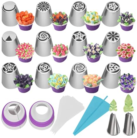 JIHUOO 27 Pcs Russian Flower Piping Tips Set Cupcake Cake Decorating Tips Kit Frosting Icing Nozzles Tips Leaf Piping Tips Pastry Bags Baking Supplies