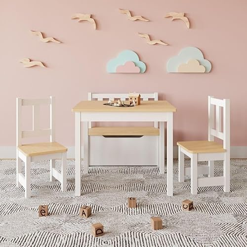 URBNLIVING Modern Wooden Children's Table Set with 2 Chairs & Storage Bench stylish, and perfect for endless playtime fun (White & Oak)