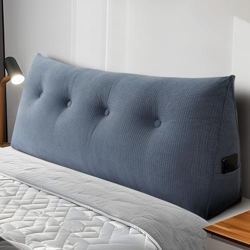 Dorifine Rückenkissen, Lesekissen für Bett und Sofa, 140cm-Komfortables Wandkissen Bett, Bietet Optimalen Supportive Rückenkissen, Bettkissen Rückenlehne mit Praktischen Seitentaschen, Blue