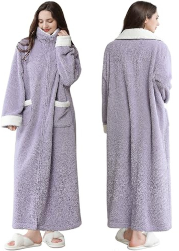 Oksun Peignoir long à fermeture éclair pour femme : peignoir long en polaire douce et chaude – Manteau d'hiver douillet grande taille, violet clair, Medium