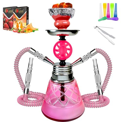 TANYA KIT 3 Cage 14 2 Hose Portable Hookah Set with Ceramic Bowl, Ashtray, Herbal Shisha Flavors, Quick-Light Coals, and Travel-Size Carrying Cage (Pink)