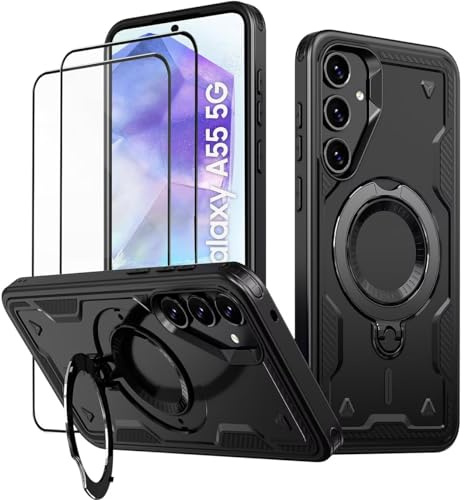 KANSi fodral för Samsung Galaxy A55 / A55 5G med skyddsglas*2, militärt telefonfodral med stativ, stötsäkert fodral med metallring, ringhållare - skyddsfodral svart