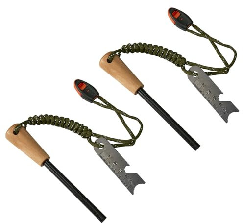 Flint and Steel 2 Pack, 5/16 Ferro Rod Fire Starter Kit with Handcrafted Wood Handle and Paracord Lanyard, Scale Scraper & Whistle, Outdoor Survival Kits for Your Hiking, Camping Accessories