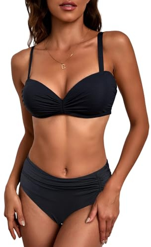 JFAN Dam bikiniset volanger hög midja badkläder tvådelad avtagbara remmar push up baddräkt rygg slips baddräkt, svart, S