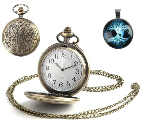 Doctor Who Montre de poche pour homme avec boîtier en bronze, quartz vintage, cadran blanc et chaîne pendentif rétro, disponible en longueurs de 30 cm et 50 cm