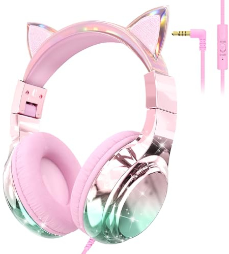 QearFun Kids Cat Ear Headphones Wired with Mic, 85/94dB Safe Volume Limit, Sparkly Wired Headset, Foldable, Sharing Port & Tangle-Free Cord for School, Chromebook, Tablet, Travel, Boys & Girls