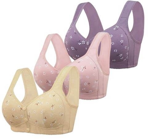 3 Pack Front Fastening Bras for Women UK Daisy Print Wireless Push Up Bra Full CoverageFront Closure Sports Bras Women Soft Comfort Underwear Wide Shoulder Straps LadiesBras