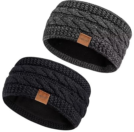 Hatromm Winter Headbands for Women Wool 2 Pack, Ear Warmers for Women Headband Knit Thick Fleece Lined(Black+Dark Gray)