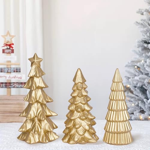 Gold Christmas Tree Figurines Tabletop Tree Set of 3 Small Resin Christmas Trees Figurine Home Decor Decorative Xmas Trees for Table Indoor Decorations Elegant Fireplace Living Room Centerpieces