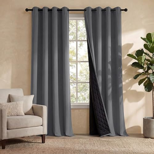 PONY DANCE 100% Blickdichte Gardinen Grau Thermovorhänge Hitzeschutz | 2er Set, H 200 x B 140 cm, Ösenschal, Verdunklungsvorhänge, Doppellagig, Dick, für Wohnzimmer, Wärmeisolierend, Schwer
