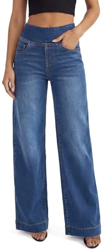 UCOOLYN Pull On Wide Leg Jeans for Women, High Waisted Tummy Control Stretchy Baggy Trendy Straight Denim Pants with Pockets for Work Dark Blue