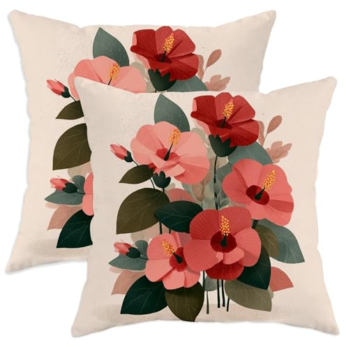 Set di 2 federe per cuscini primaverili con fiori di ibisco pesca, decorazione quadrata per la casa, per divano letto, divano, 71 x 71 cm