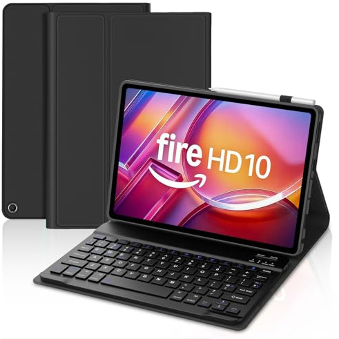 Keyboard Case for Fire HD 10/HD 10 Plus 10.1 Inch(13th/11th Generation, 2023/2021), Slim Cover with Detachable Wireless Bluetooth Keyboard for All-New Fire HD 10/HD 10 Plus 10.1 Tablet, Black