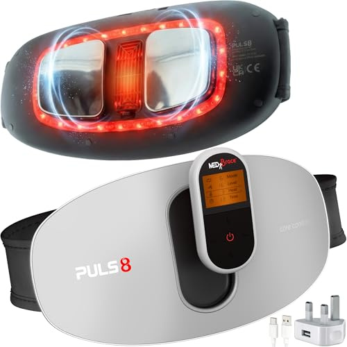 MEDiBrace PULS8 Wearable Lower Back & Abdominal Pulse Massager Belt – Heat, Red Light (LED), Cordless, USB-C Rechargeable, 6 Programs, 16 Intensities