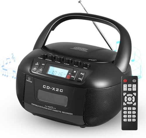 DGXWLLW CD and Cassette Player Combo, Boombox CD Player with Bluetooth AM/FM Radio AUX/USB Drive Tape Recording AC/DC Powered Headphone Jack LCD Display Stereo Sound with Remote Control for Home