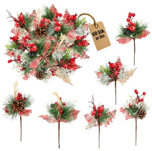 com-four® 60x Deko-Zweig, dekorative Kunstzweige für Bastelprojekte | Geschenkdekoration und Potpourri - vielseitige Deko-Bündel zum Aufhängen - Deko-Stecker