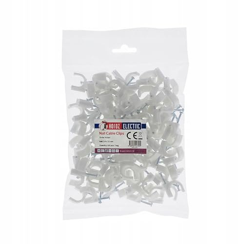 100 pcs – Round Cable Clip Φ 14 mm - Electrical Cable Wall Clip - Nail Clips Cable Management, Steel Nails Tacks Holder for Organizing Electric Wires Cables Line – White – Horoz Electric