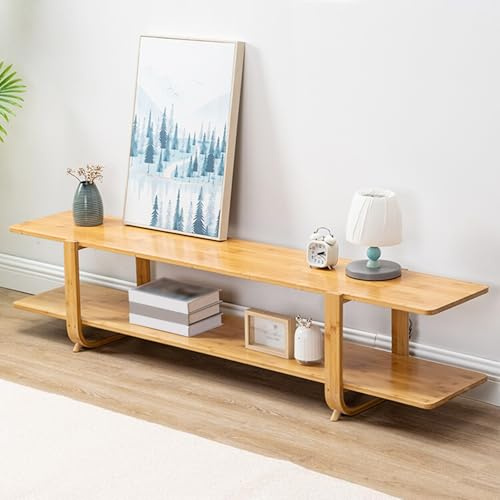 Supporto TV in bambù per TV fino a 65 pollici, console multimediale moderna di metà secolo con 2 ripiani aperti, elegante centro di intrattenimento per soggiorno e camera da letto