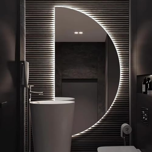 Dijateman Mezzaluna Intelligente Specchio da Bagno a LED, Retroilluminato Illuminazione Irregolare Specchio Decorativo, Anti Nebbia, 3 Colori Dimmerabile(Right semicircle,50 * 100cm)