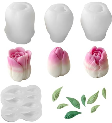 Moldes para velas de tulipán, 4 moldes de silicona de flores 3D con molde de hojas para hacer velas, cera, arcilla, yeso, resina epoxi, decoración del hogar